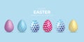 Vector six easter eggs various patterns on light blue background.