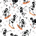 Vector skateboarding, jumping skeletons Haloween repeat pattern background. Great for spooky fun party themed fabric