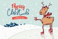 Vector skating deer christmas. Original greeting, invitation card. Winter holiday drawing background with cartoon personages and