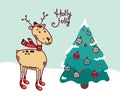 Vector skating deer christmas. Original greeting, invitation card. Winter holiday drawing background with cartoon