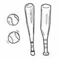 Vector Sketch Basebal Bat and baseball ball. Vector baseball bat doodle illustration