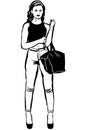 Vector sketch of a beautiful young brunette woman with a bag in