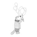 Vector sketch. Beaver in sweater with balloons