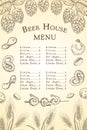 Vector sketch beer bar or pub menu template. Vintage engraved beer house background. beer label with beer snacks, wheat or barley