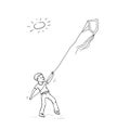Vector sketch boy plays with paper kite. Active children teenager walk in summer on outdoor sun shining black white