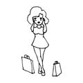 The shopping girl is worth it. Black contour on a white background in doodle style