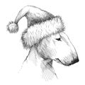 Vector sketch of Bull terrier or Bullterrier dog head profile in Santa Claus holiday hat in black isolated on white background. Royalty Free Stock Photo