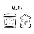 Vector sketch of cans with wheat grits and oatmeal and inscription. Hand-drawn illustration. Image for farm, store, tag