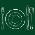 Vector Sketch Chalk Illustration - Cutlery: Fork, Plate, Knife, Spoon