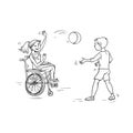 Vector sketch children. Girl in wheelchair ball game with boy outdoor. Active rest and good communication for children Royalty Free Stock Photo