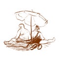 Vector sketch. Couple under the beach umbrella.