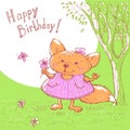 Vector sketch of cute baby greeting card. Cartoon animal little girl fox in a meadow with flower in hand. Royalty Free Stock Photo