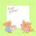 Vector sketch of cute baby greeting card. Cartoon animals celebrate the holiday, bear cub the boy gives a gift to a