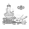 Vector sketch drawing East Arabic cup and vintage coffeepot