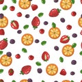 Vector. Sketch drawings. Seamless pattern with berries and fruits. Green leaves, strawberries, raspberries, blueberries,