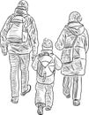 Vector sketch of family casual citizens walking outdoors Royalty Free Stock Photo