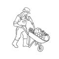 Vector sketch farmer man with cart vegetables. Autumn gardening harvest. Drawn contour cartoon coloured illustration