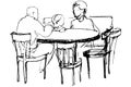 Vector sketch of father and mother with her daughter at a table