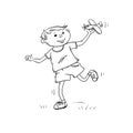 Vector sketch fun boy runs with toy plane in his hand. Active play children teenager walk in summer on outdoor black