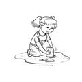 Vector sketch girl play in sandbox. Little child active walk in summer on outdoor. Cartoon black white isolated line