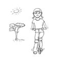 Vector sketch girl teenager on scooter. Child in crash helmet and knee pads play sports. Active walk in summer on