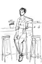 Vector sketch of a girl waiter sits on a high stool