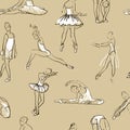 Vector sketch of girls ballerina seamless pattern