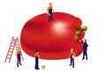 Vector sketch of a group of workers near a giant pepper.