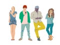 Vector sketch of a group of young people, guys and girls look at their phones. Royalty Free Stock Photo