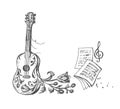 Vector sketch of a guitar, treble clef, thistle and musical notation