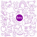 Vector Sketch hand drawn Doodle cartoon set of objects and symbols on the baby theme. Royalty Free Stock Photo