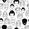 Doodle seamless pattern of faces of different nationalities