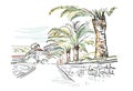 Vector sketch illustration European city embankment Croatia palm