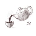 Vector sketch illustration of fresh welded hot and flavored morning tea from the teapot poured into the teacup. Drink