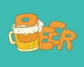 Vector sketch illustration pint, tumbler of beer. Bubbles and foam pouring from mug. Drink ale in glassware. Letters