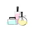 Vector sketch illustration of trendy perfume bottles. Different fruity aroma. For card design, print, poster, invitaion