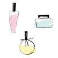 Vector sketch illustration of trendy perfume bottles. Different fruity aroma. For card design, print, poster, invitaion Royalty Free Stock Photo