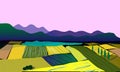 Vector sketch of a landscape with mountains and colored fields. For design posters and illustrators