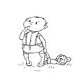 Vector sketch little boy looks with curiosity and stuck finger in mouth holds Teddy bear in his hand. Active play