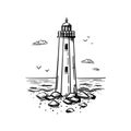 Vector sketch old lighthouse. Outline engraved illustration Royalty Free Stock Photo