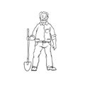 Vector sketch oldster farmer or gardener. Man worker with shovel. Drawn contour cartoon character peasant working in Royalty Free Stock Photo