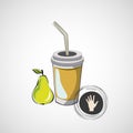 Vector sketch paper cup with straw and pear