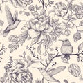 Vector sketch pattern with birds and flowers. Monochrome flower design for web, wrapping paper, phone cover, textile Royalty Free Stock Photo