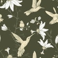 Vector sketch pattern with birds and flowers. Monochrome flower design for web, wrapping paper, phone cover, textile Royalty Free Stock Photo