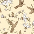 Vector sketch pattern with birds and flowers. Monochrome flower design for web, wrapping paper, phone cover, textile Royalty Free Stock Photo