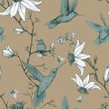 Vector sketch pattern with birds and flowers. Monochrome flower design for web, wrapping paper, phone cover, textile Royalty Free Stock Photo