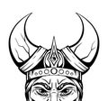 Vector sketch portrait of an ancient viking in a horned helmet. The head of a barbarian warrior. Angry eyes. Ink element