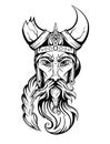 Vector sketch portrait of an ancient viking in a horned helmet. The head of a barbarian warrior with a beard and braid. Ink