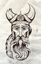 Vector sketch portrait of an ancient viking in a horned helmet on old paper. The head of a barbarian warrior with a beard