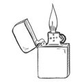 Vector Sketch Retro Lighter with Flame Royalty Free Stock Photo